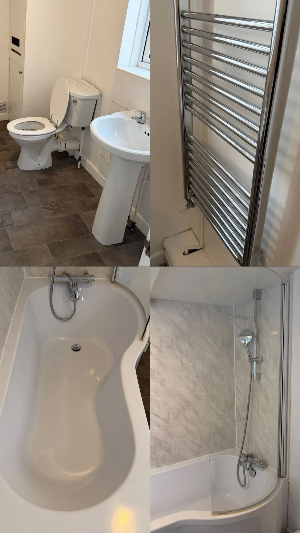 Cleaned bathroom basin, toilet, towel radiator, bath and shower screen