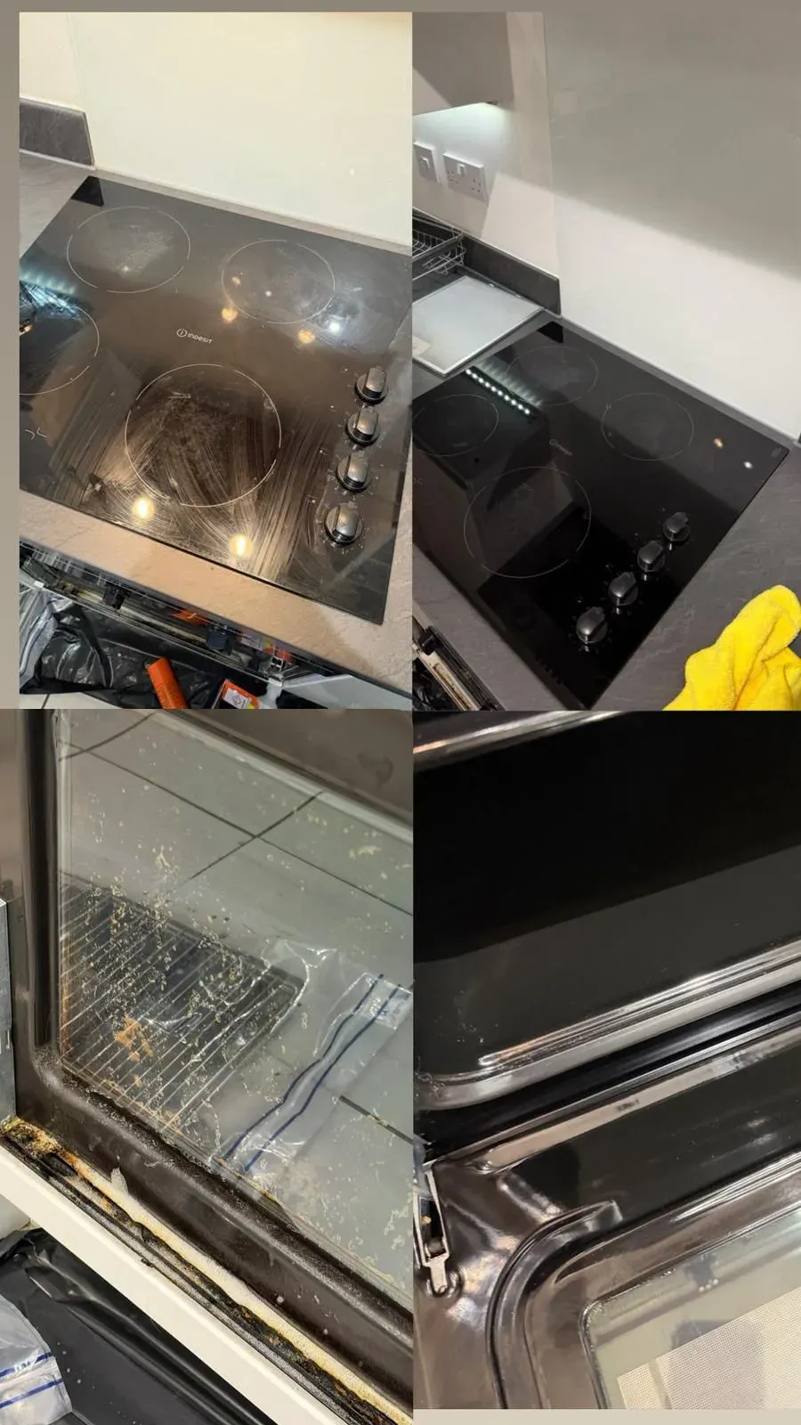 Ceramic hob and oven door glass before and after cleaning