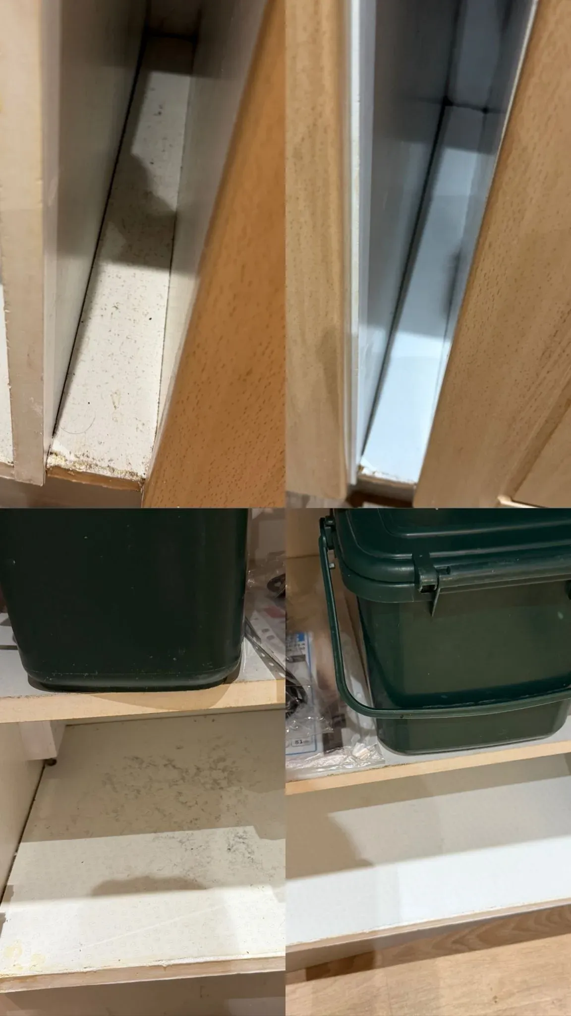 Window sill and cupboard shelf with stored bins before and after cleaning