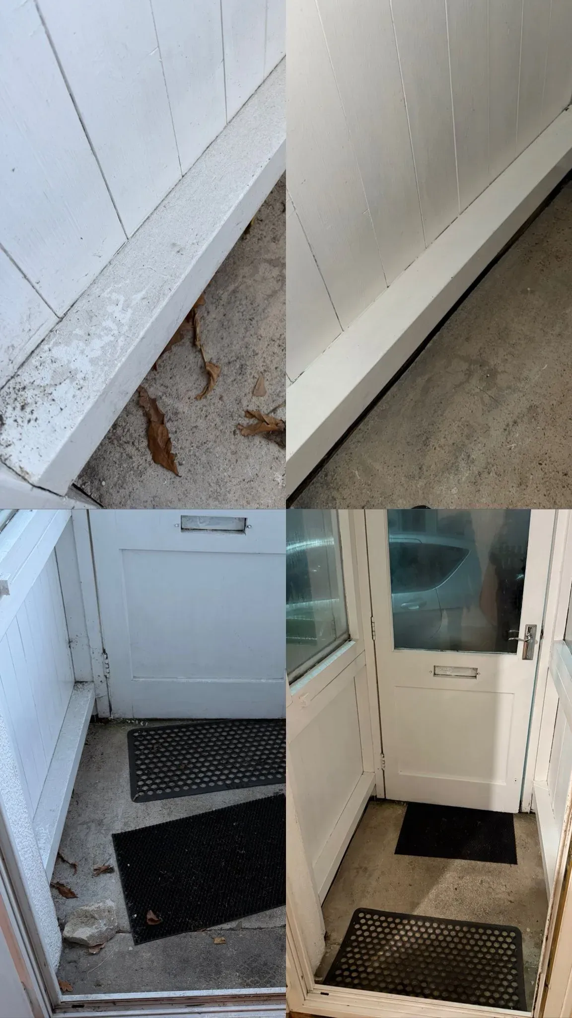 Porch floor and white entrance door before and after clearing dirt and leaves