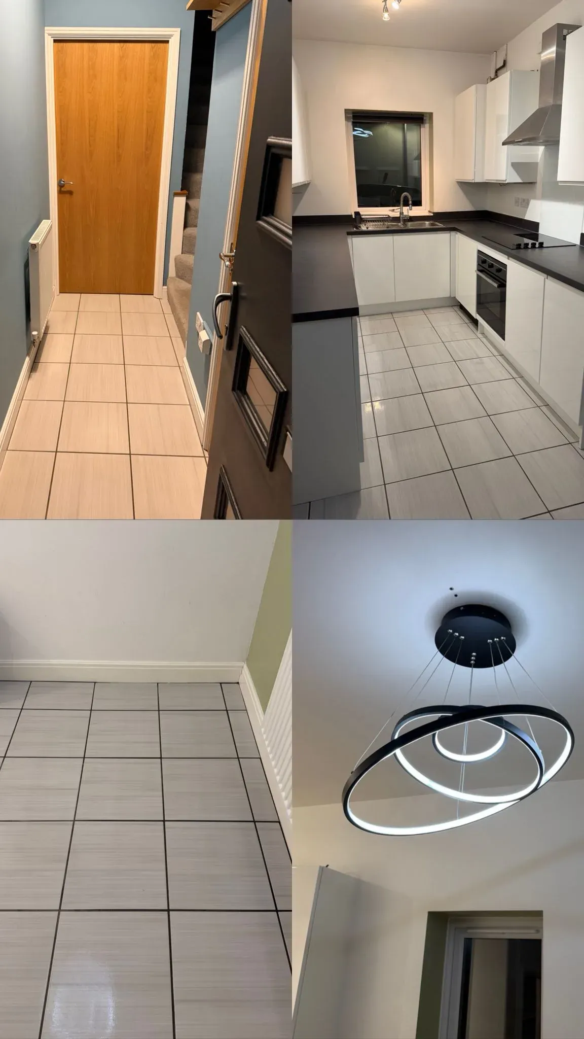Cleaned tiled kitchen and hallway with skirting boards and ceiling light