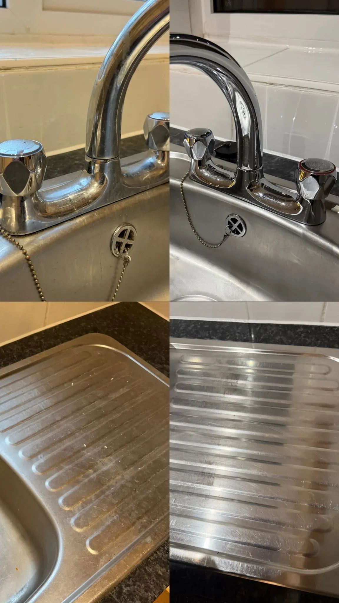 Kitchen tap, sink and drainer before and after cleaning