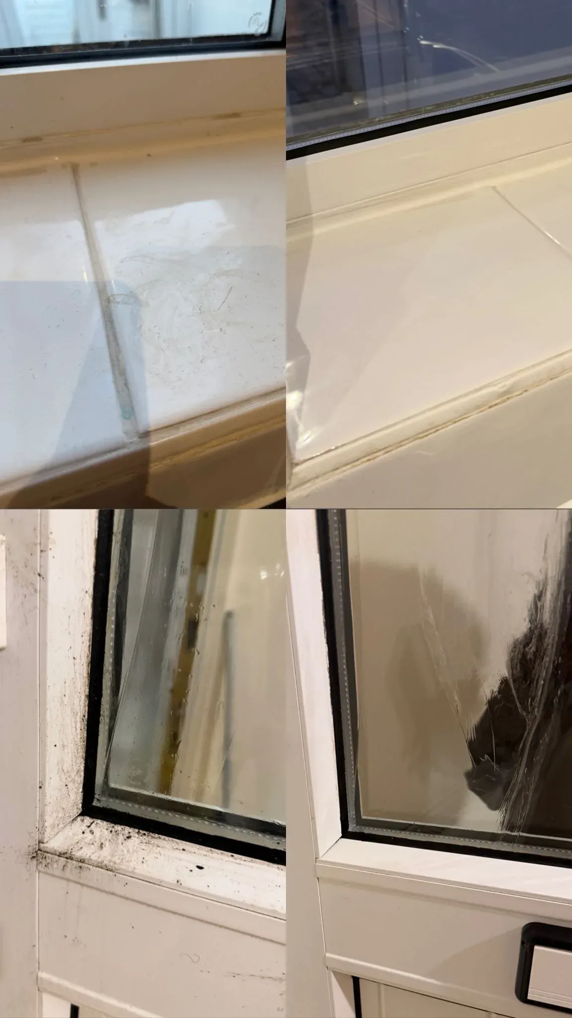White window sill and frame with dirt before cleaning and cleaned surfaces afterwards
