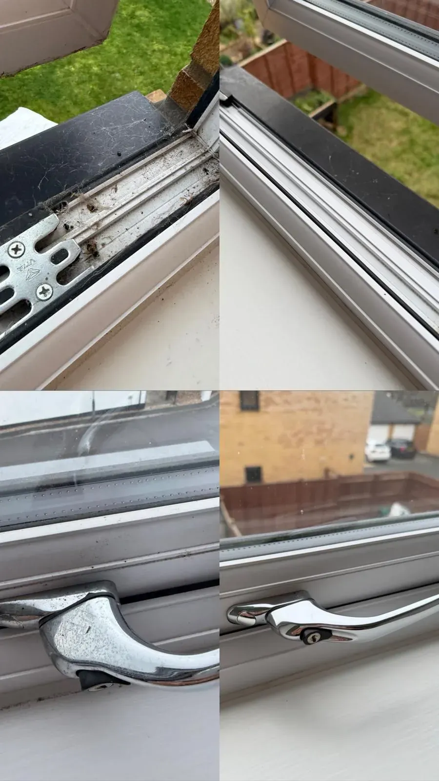 Open window tracks and chrome handle before and after cleaning